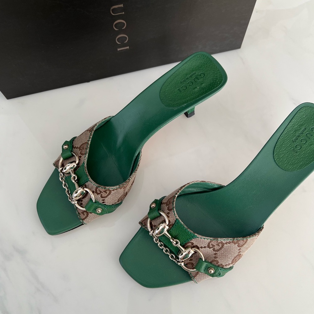 Gucci by Tom Ford Green GG Monogram Horsebit Mules / US 6 1/2 / Vintage - Picture 4 of 10